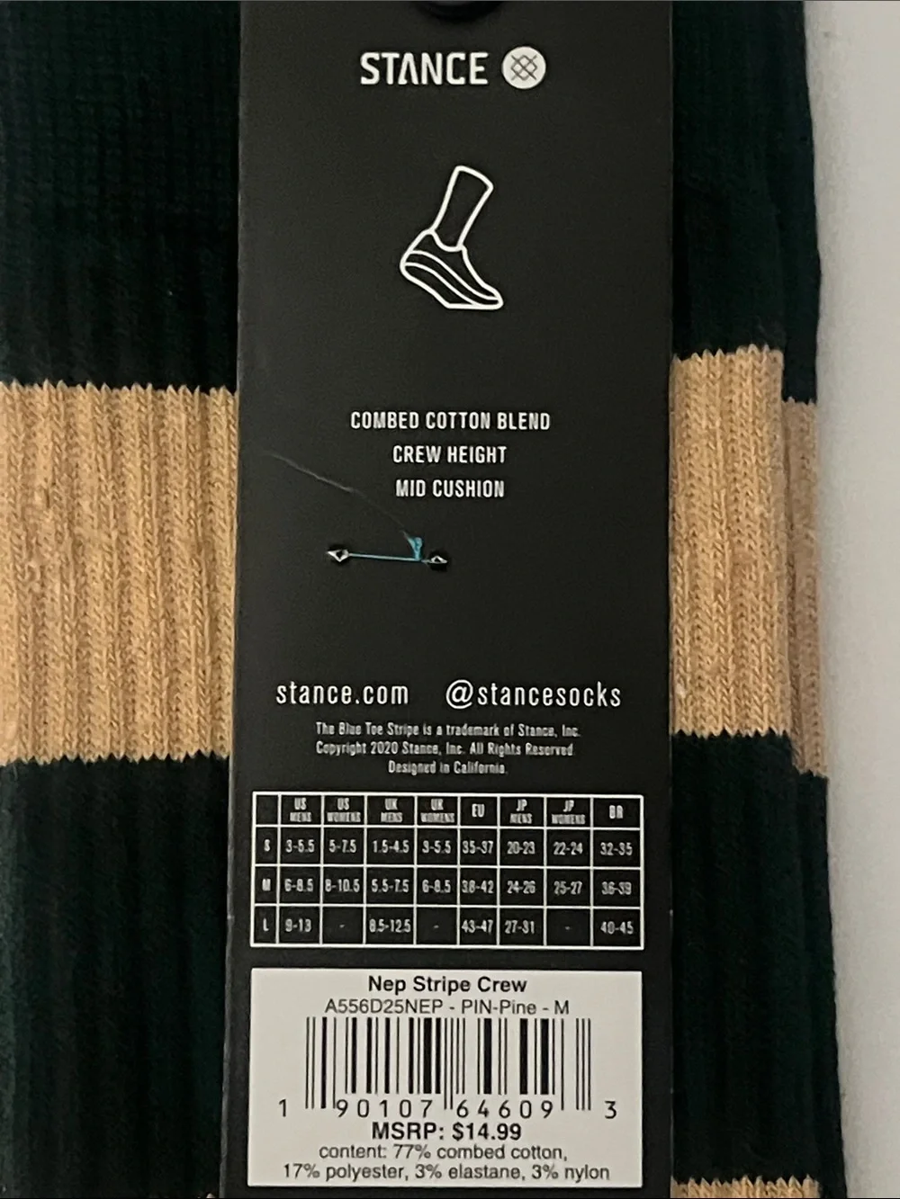 NWT STANCE Nep Stripe Crew Socks Green/Cream Medium Unisex